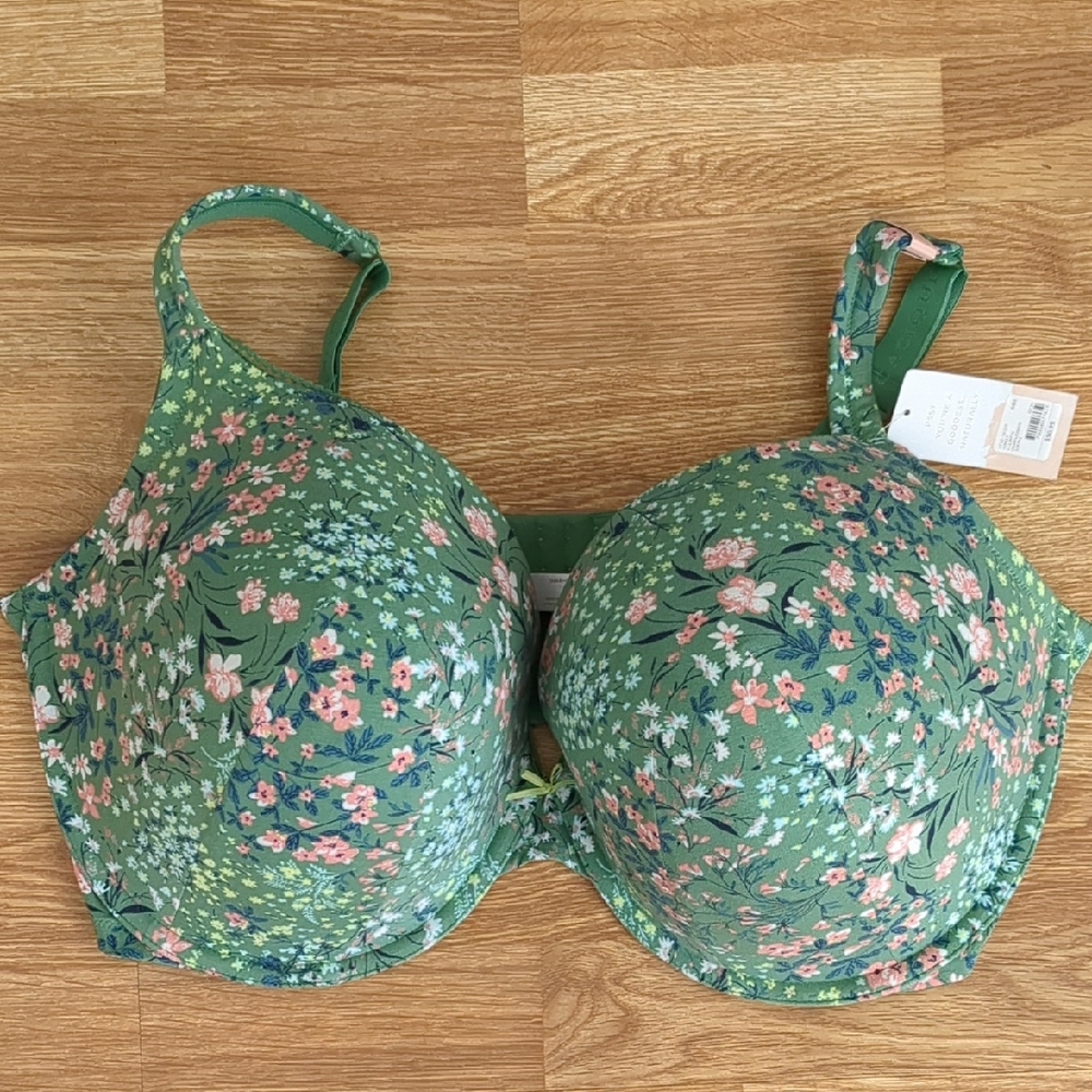 Cacique 44H Green Floral Cotton Boost Plunge Bra, Size 44H, NEW nwt